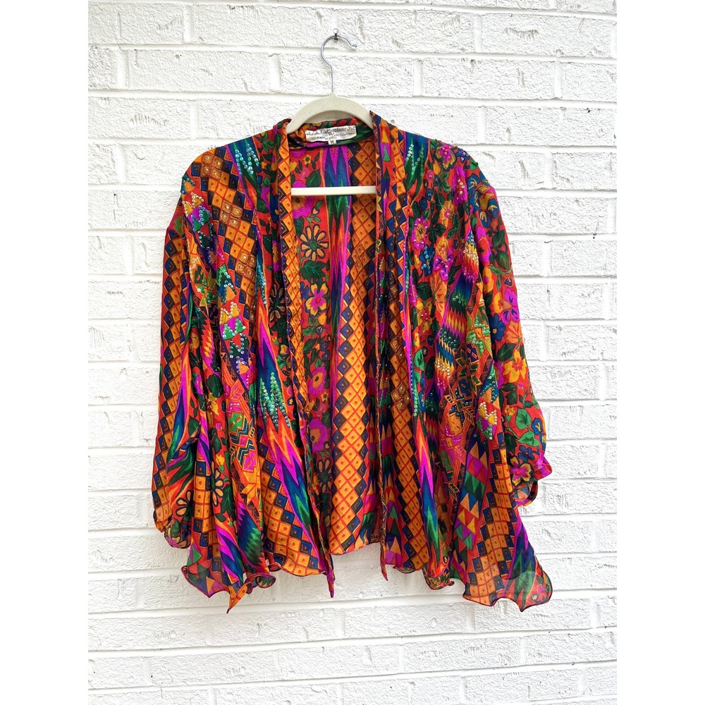 Judith Ann Creations Silk Kimono Women M Beaded Sequin Art Boho Colorful Vintage